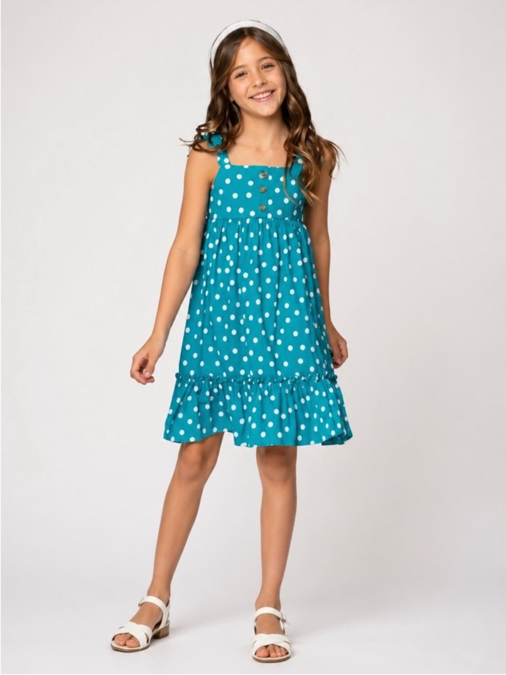 Girls bow strap polka dot dress blue ruffled hem